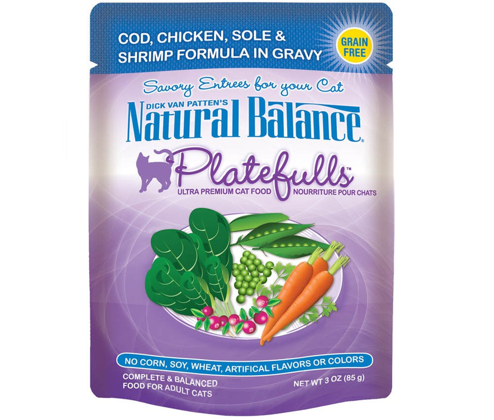 Natural Balance Platefulls Wet Cat Food - Cod, Chicken, Sole & Shrimp in Gravy, 3 oz each, Case of 24