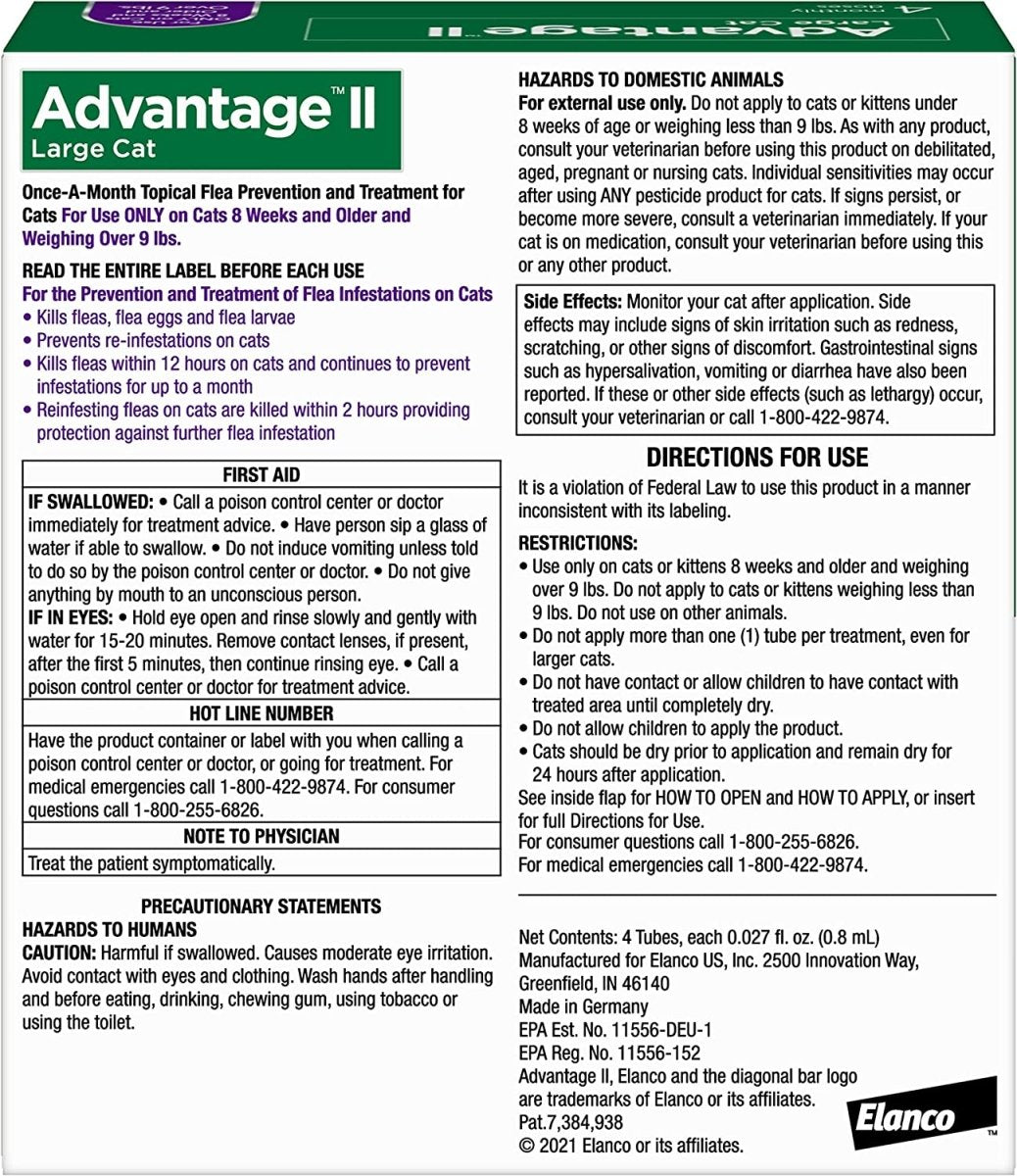 Advantage II Cat Large Purple 4 - Pack - Pets Perfect