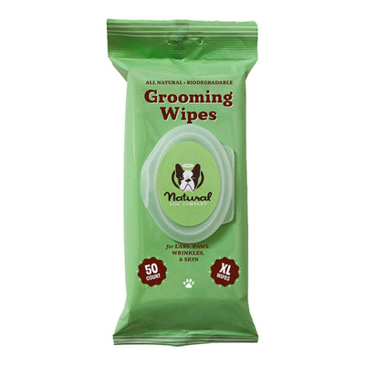 Green pouch of Natural Dog Company Grooming Wipes, 50 count, with a French bulldog logo and XL Wipes visible.