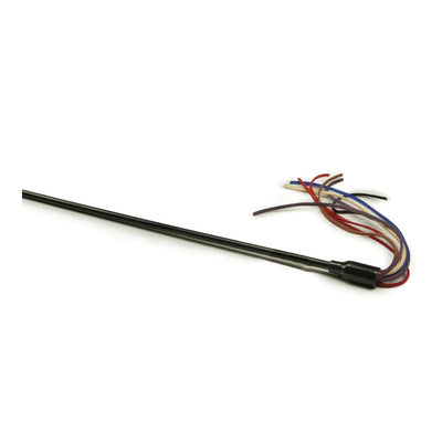 Black wand cat toy with multi-color suede tassel strands at the tip