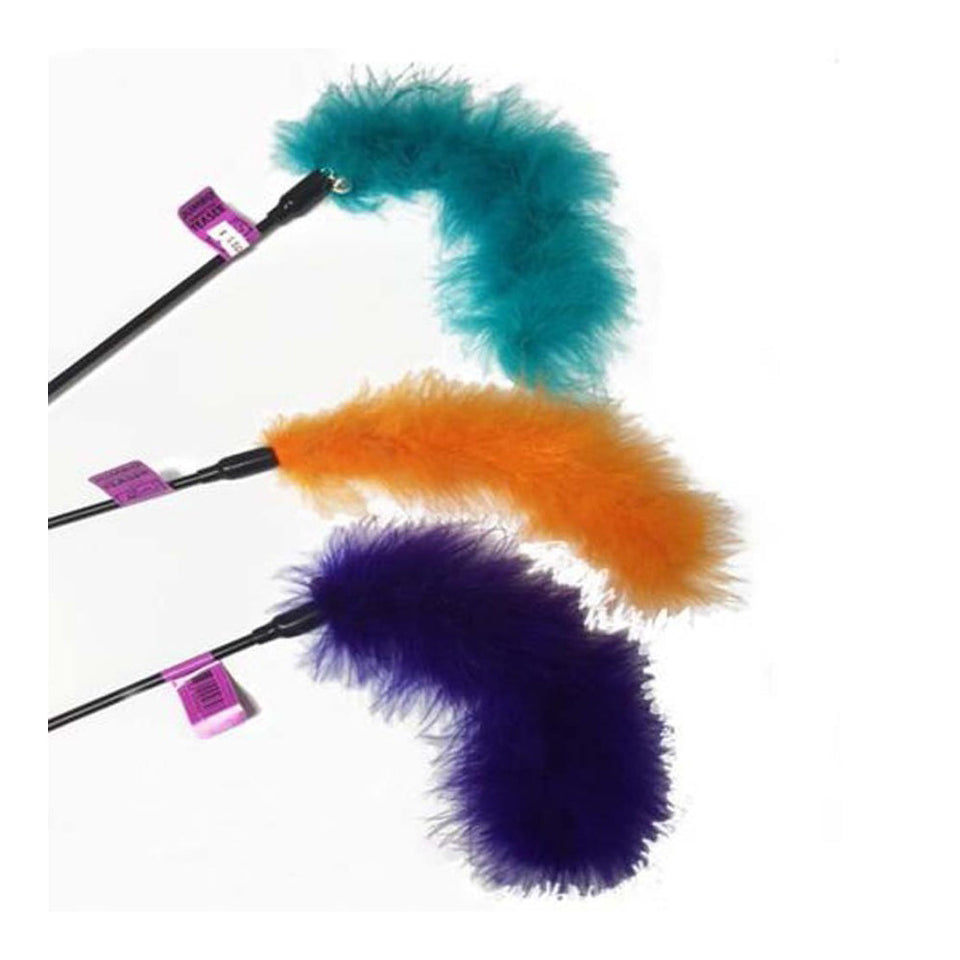 Three monkey tail wand cat teasers with teal, orange and purple fluffy ends
