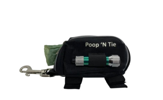Poop 'N Tie Fabric Waste Bag Dispenser - LED Flashlight & Drawstring Bags - Leash Attachment