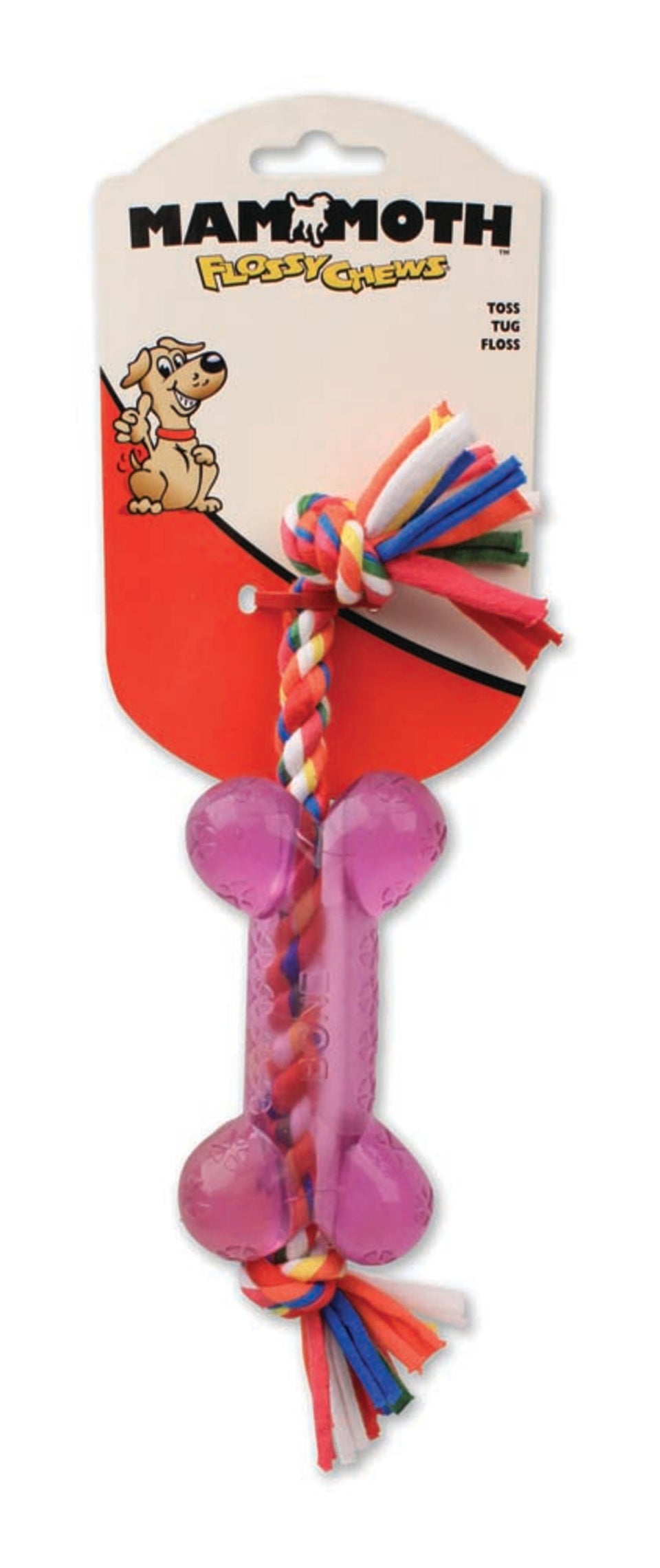 Purple bone-shaped rubber toy strung on a multicolor rope, on Mammoth card