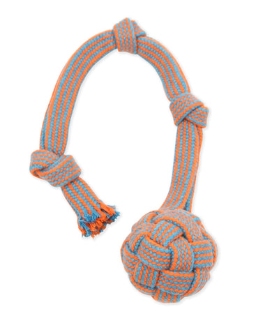 Orange and blue braided ball attached to a looped rope handle