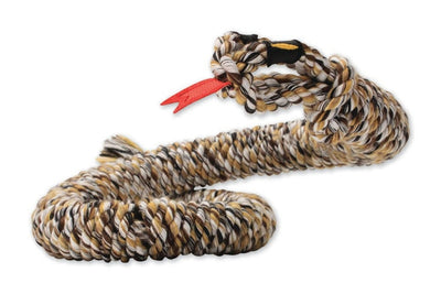 Coiled tan and brown rope toy with a red tongue tab