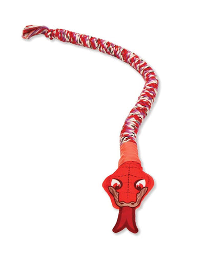 Red plush snake head with stitched eyes on a twisted rope body