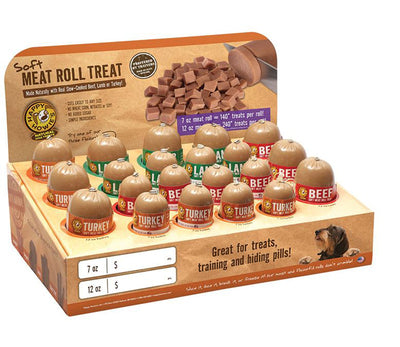 Open countertop display case holding rows of dome-shaped meat roll canisters