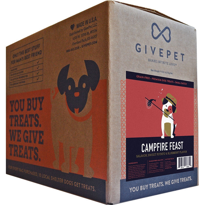 Angled cardboard bulk box showing dog graphic side panel and Campfire Feast front label