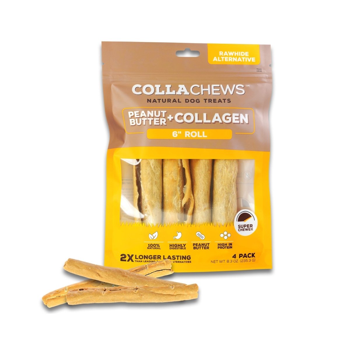Collachews – Long - Lasting 6" Peanut Butter Collagen Roll | 4 Count - Pets Perfect