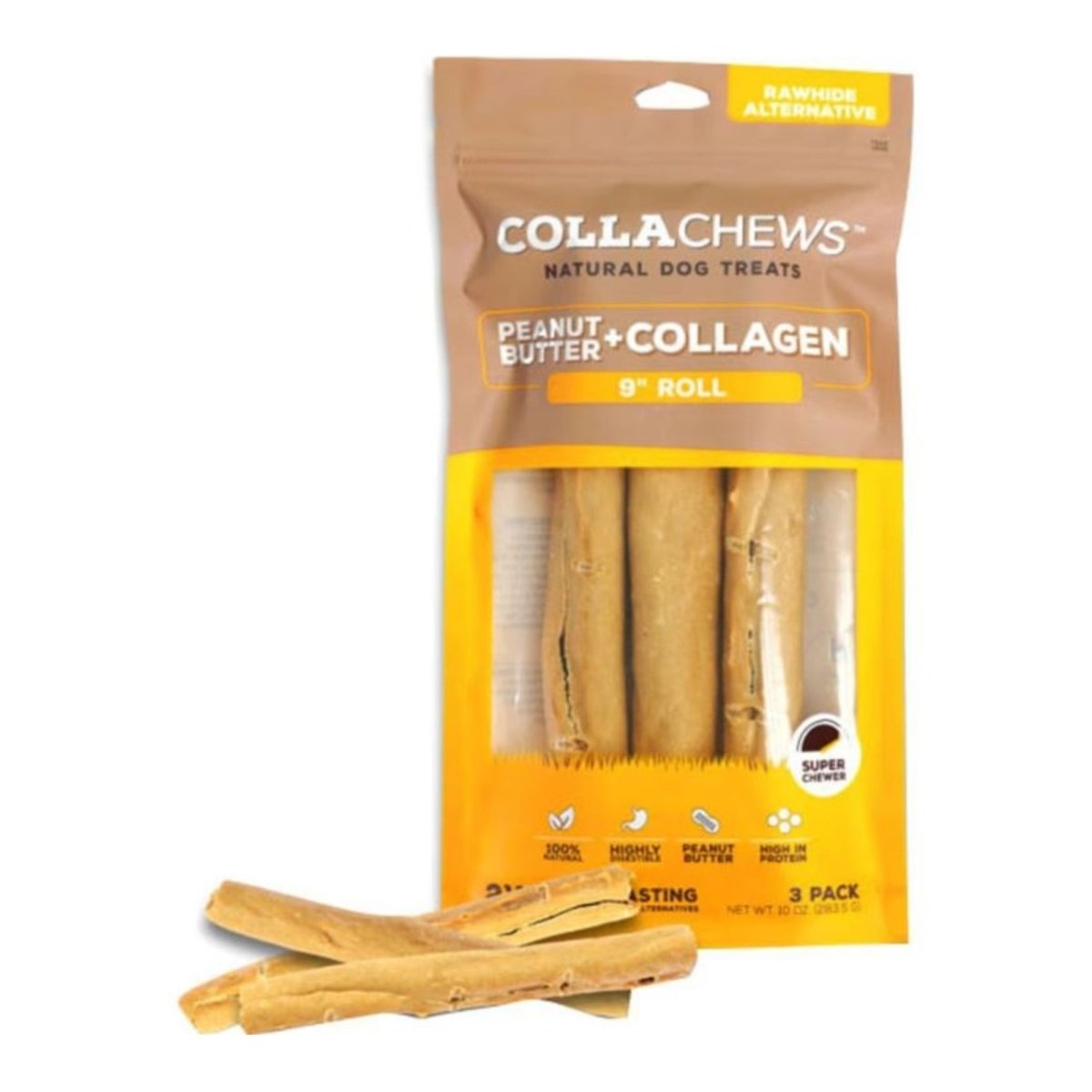 Collachews – Long - Lasting 9" Peanut Butter Collagen Roll | 3 Count - Pets Perfect