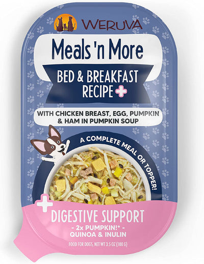 Weruva Meals 'n More Bed & Breakfast dog food cup with a cartoon dog and food in a bowl.
