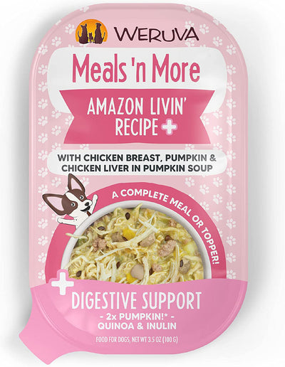 Pink Weruva dog food cup with a cartoon dog, showing the "Amazon Livin' Recipe" with chicken, pumpkin, and quinoa.