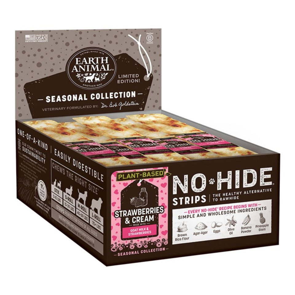 Earth Animal No-Hide Strawberry Cream Strips - Rawhide-Free, 60 ct