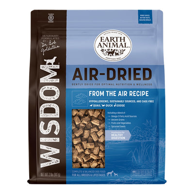 Blue Wisdom air-dried dog food bag with kibble visible through window