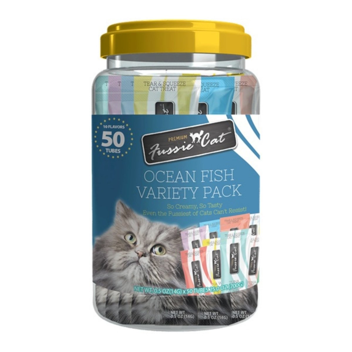 Fussie Cat Puree .5oz. Ocean Fish Variety Pack 50Ct Blue Jar - Pets Perfect