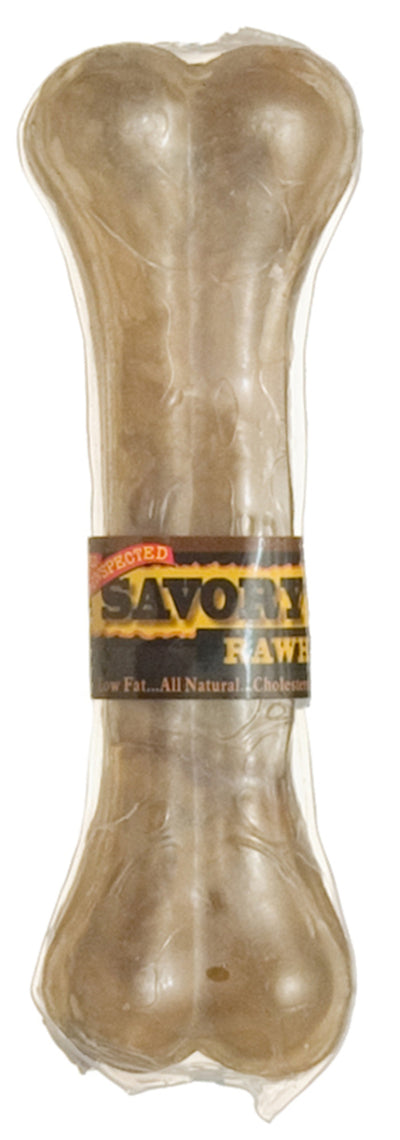 A Savory Prime 6.5-inch natural pressed rawhide bone, packaged in clear plastic with a "SAVORY" label, stands upright against