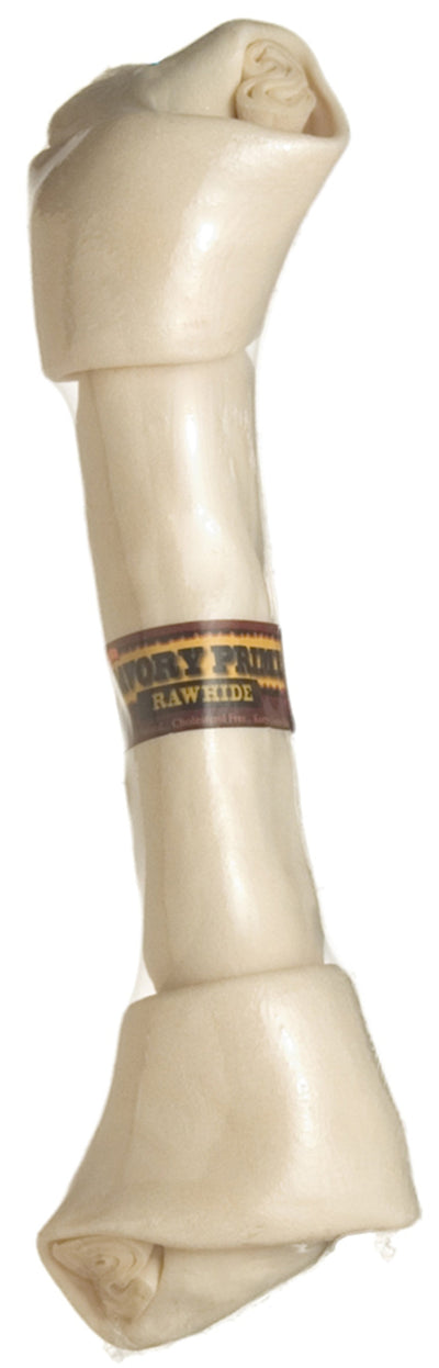 Natural-colored Savory Prime rawhide bone, knotted at both ends and wrapped in clear plastic with a brown and gold label, sta