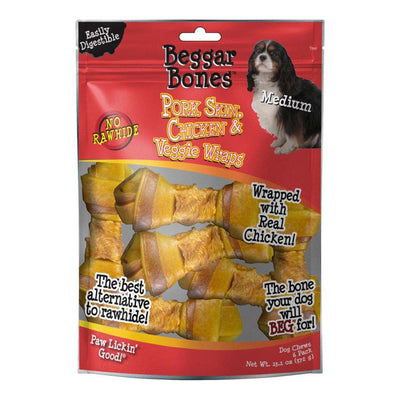 Savory Prime Beggar Bones Pork Skin, Chicken & Veggie Wraps Dog Treats Medium, 6 ct