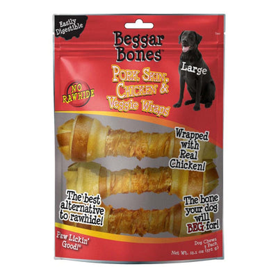Savory Prime Beggar Bones Pork Skin, Chicken & Veggie Wraps Dog Treats Large, 3 ct