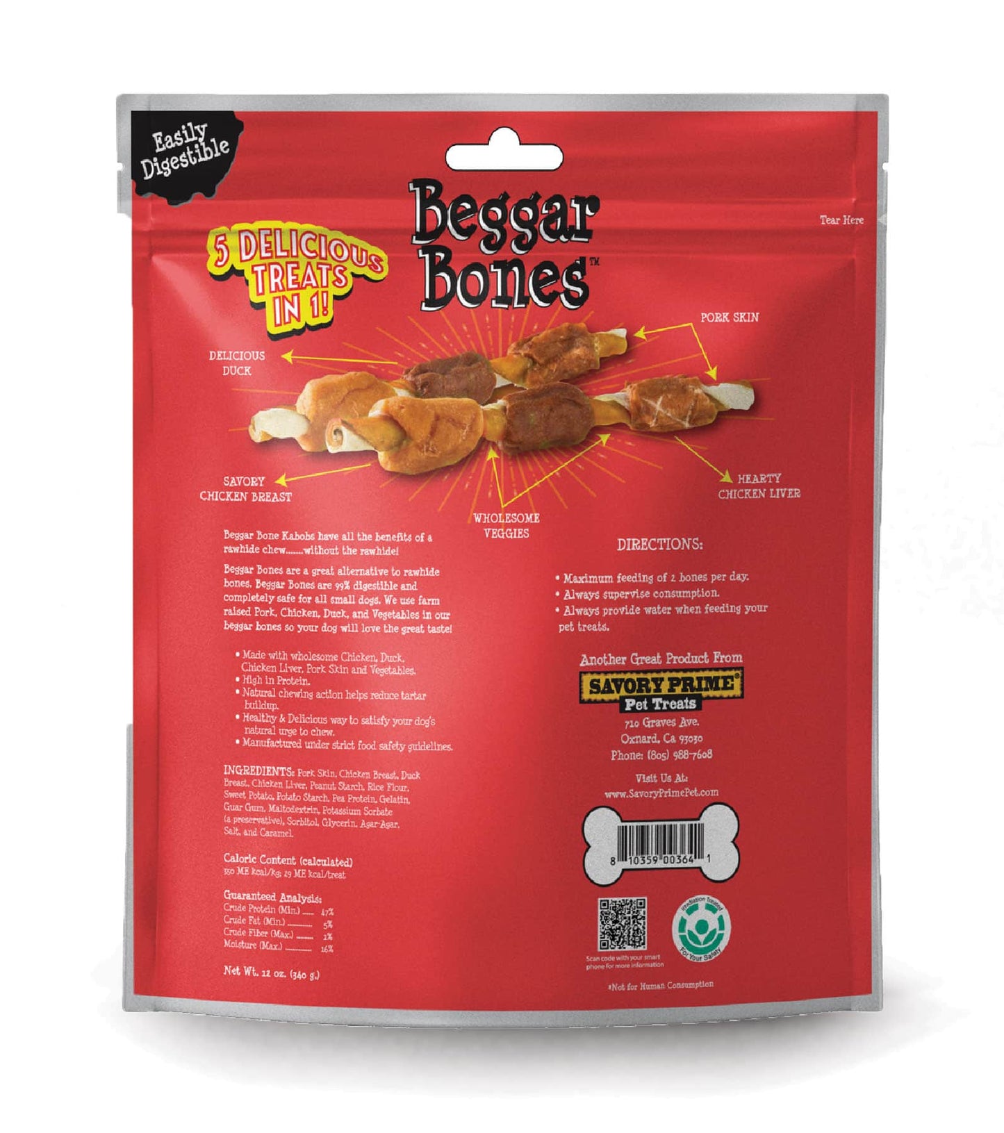 Savory Prime Beggar Bone, 5 in 1 Kabobs Dog Treats, 4 oz, 6 ct