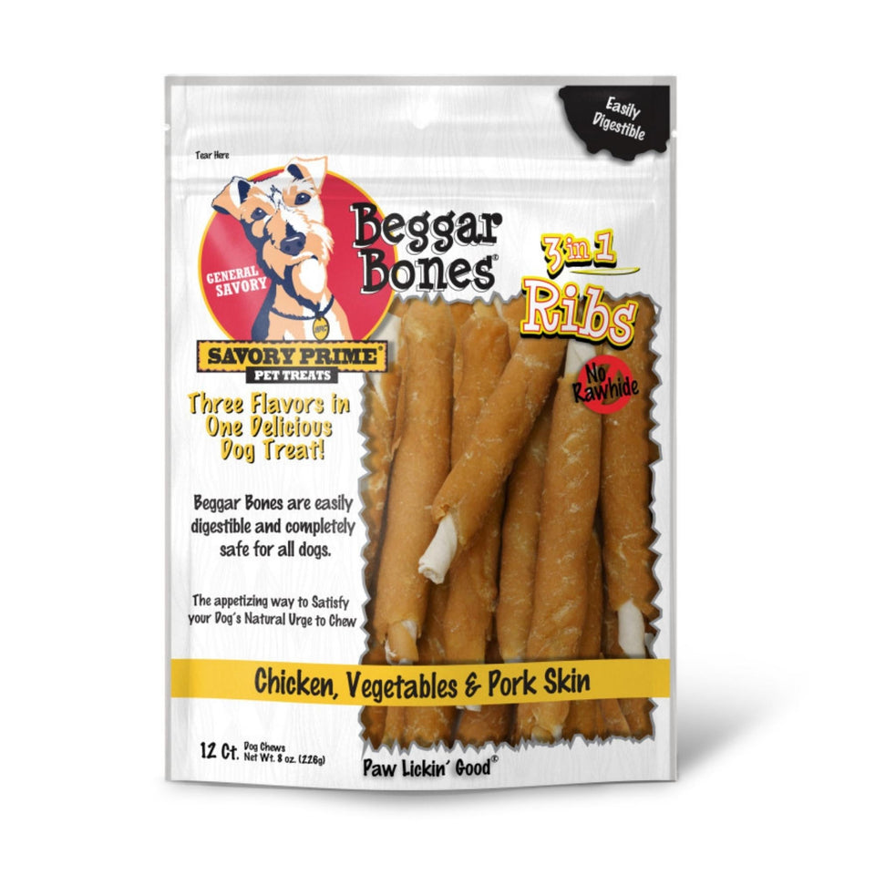 Savory Prime Beggar Bone 3in1 Ribs Dog Treat Chicken, Vegetable & Pork, 1ea/12 ct Default Title