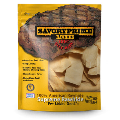 Yellow bag of Savory Prime Supreme Rawhide Chips with a clear window showing light brown, flat rawhide pieces.