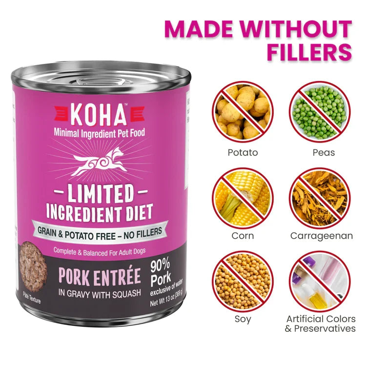 Koha Dog Limited Ingredient Grain-Free 90% Pork, 13 oz each, Case of 12