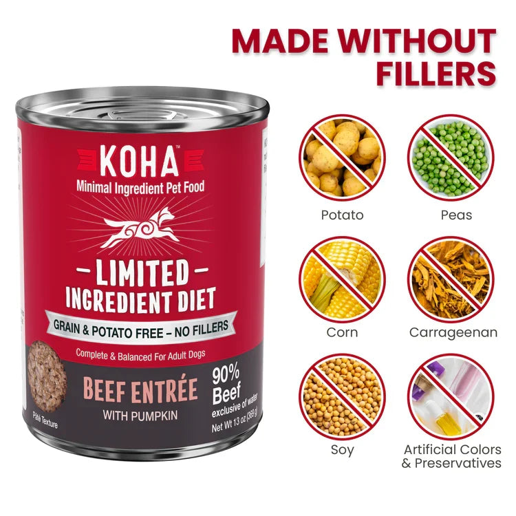 Koha Dog Limited Ingredient Grain-Free 90% Beef, 13 oz each, Case of 12