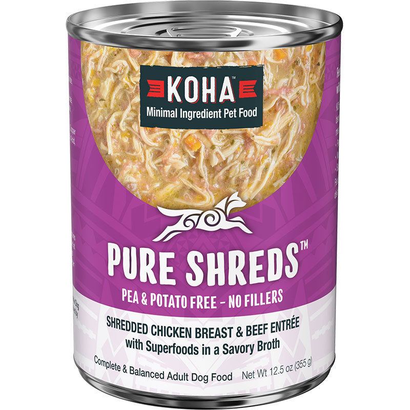 Koha Dog Grain-Free Shredded Chicken And Beef, 12.5 oz each, Case of 12