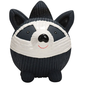Round black and white ridged ball toy shaped like a raccoon face