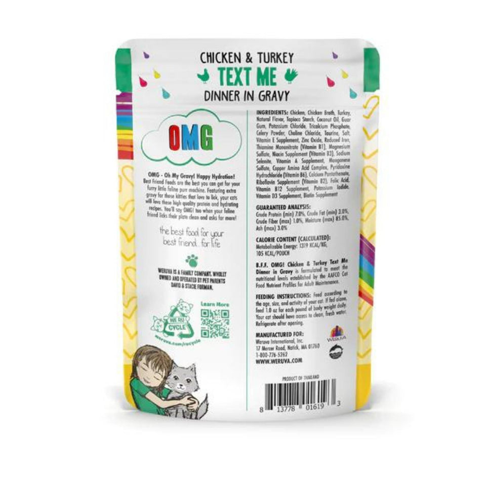 BFF Cat OMG Chicken and Turkey Text Me Dinner in Gravy 2.8 oz. Pouch 12 ct