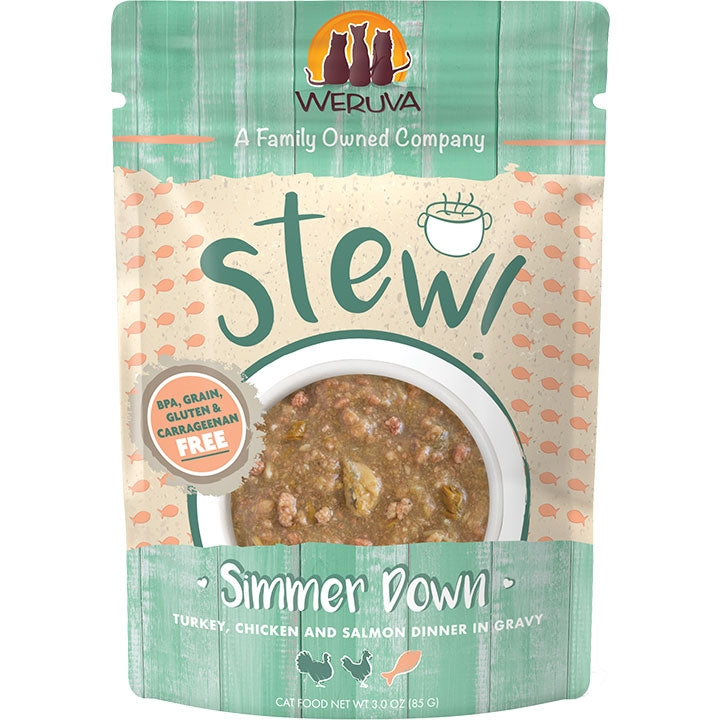 Weruva Simmer Down Turkey, Chicken and Salmon Stew Wet Cat Food 3 oz Pouch 12 ct