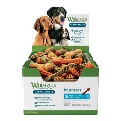 Whimzees dental treats bulk box with various shapes and colors, featuring three dogs on the header card.