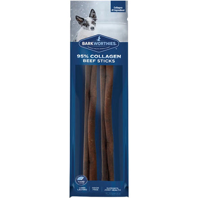 Beef stick treats visible through package window, dog photo on front