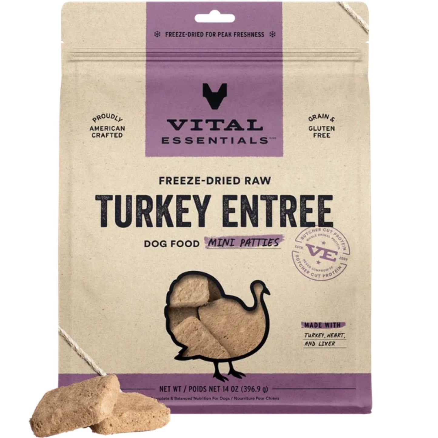Vital Essentials Dog Freeze-Dried Raw Grain-Free Turkey Entree Mini Patties 14 oz