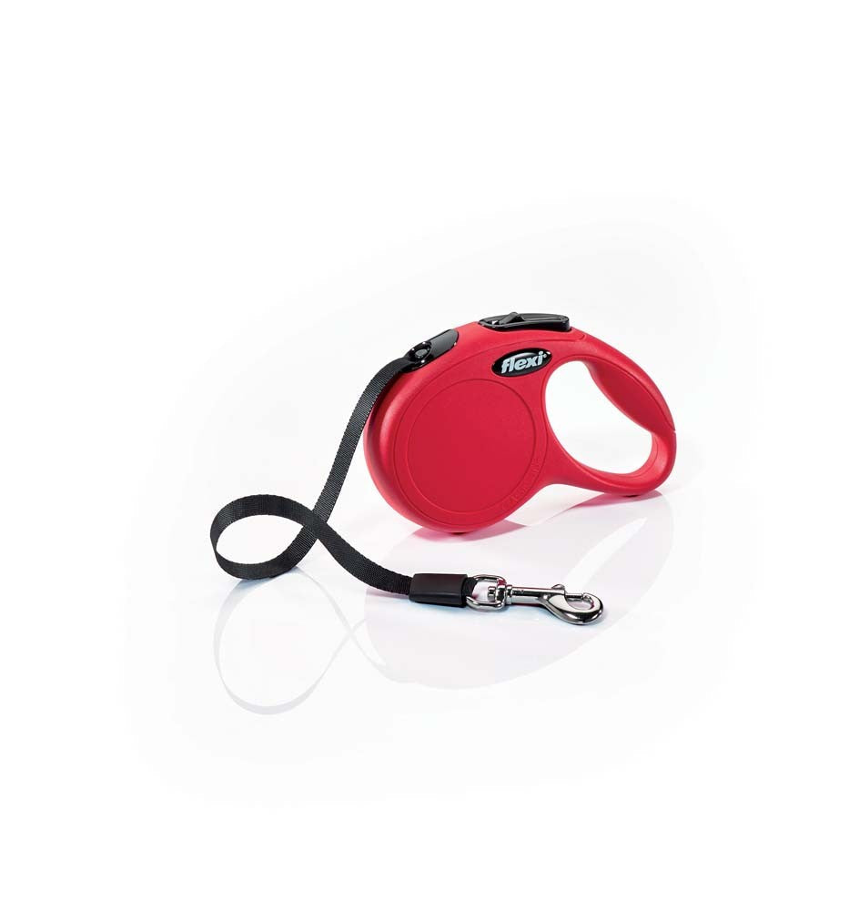 Red retractable leash handle with black nylon strap and clip coiled