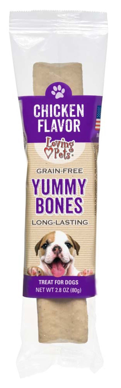 Wrapped chicken-flavor bone treat in purple package with bulldog puppy photo