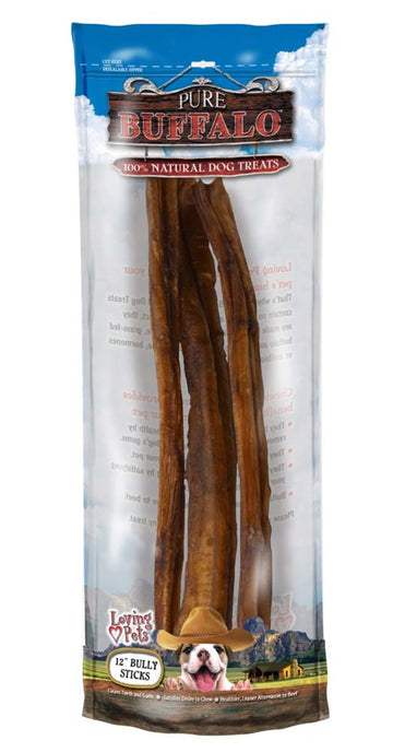 Tall standing pouch with clear window showing long bully sticks bundled inside