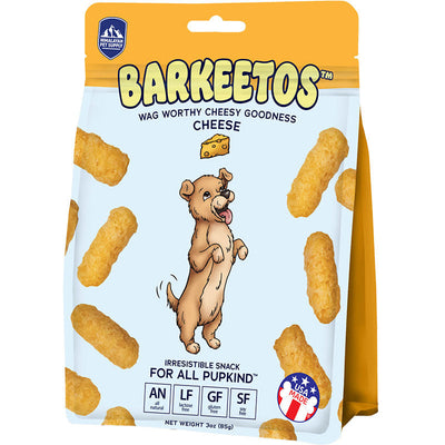 Barkeetos cheese-flavored puff bag standing upright with cartoon dog on front