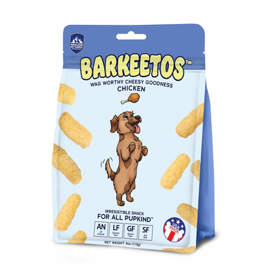 Barkeetos chicken-flavored puff bag standing upright with jumping cartoon dog