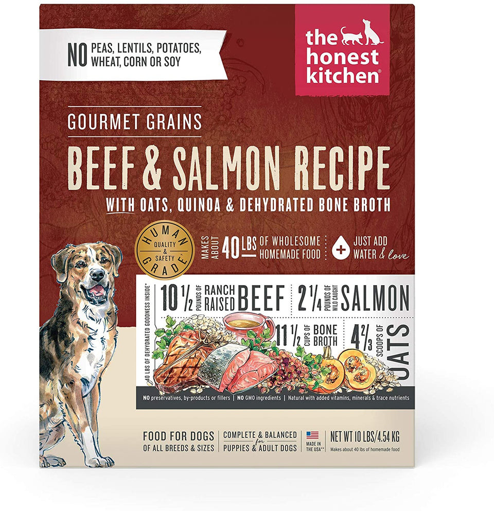 Gourmet Grains 10 lb box front with dog illustration and beef, salmon, oat ingredient breakdown