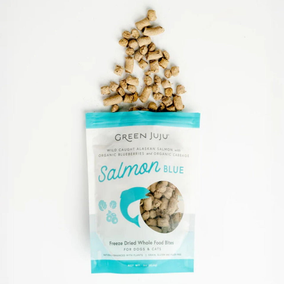 Green Juju Dog & Cat Freeze-Dried Grain Free Whole Food Bite Salmon Blue Toppers 3oz.