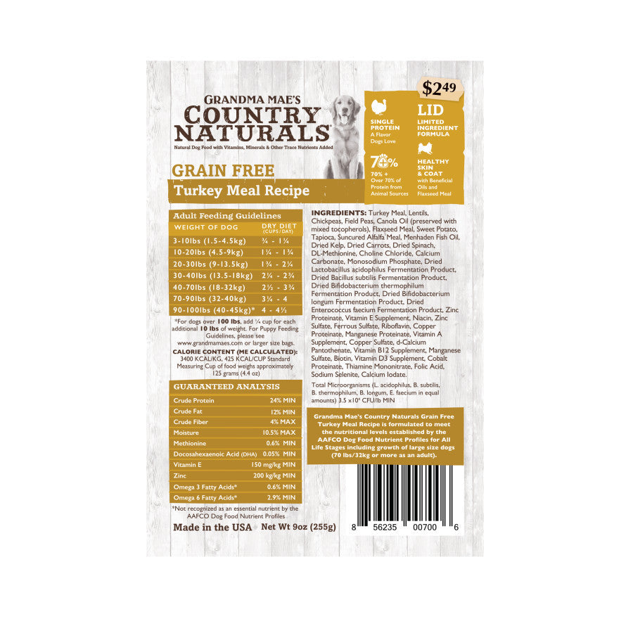 Grandma Mae's Country Naturals Grain-Free LargeI.D. Dry Dog Food Turkey, 9 oz each, Case of 18