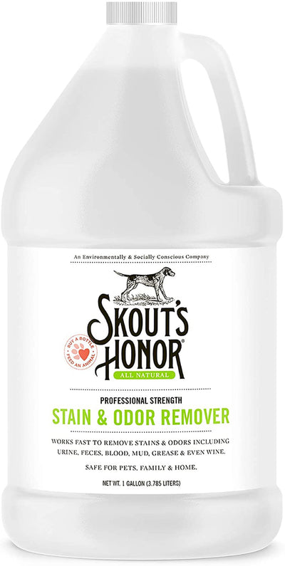 White 1-gallon jug of Skouts Honor Stain & Odor Remover with a black and green label featuring a dog and paw print logo.