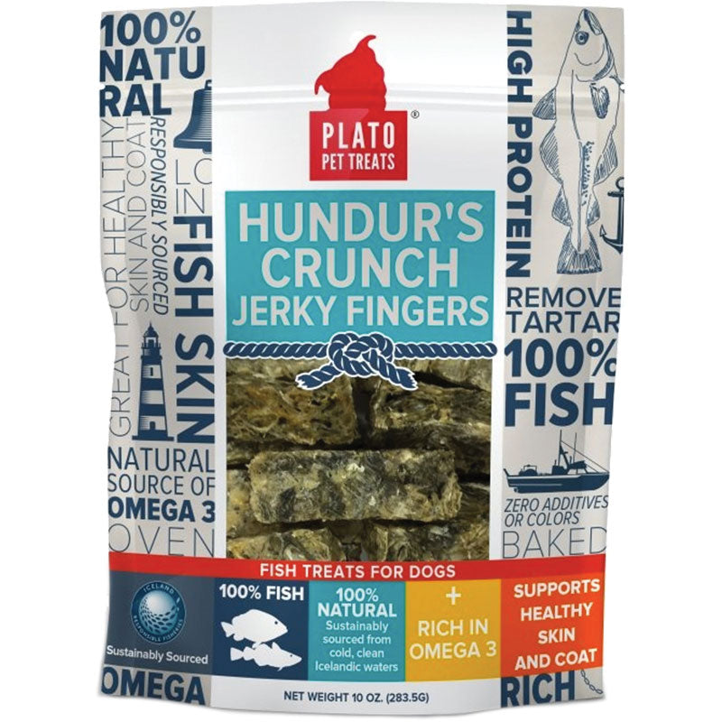 Plato Hundur's Crunch Jerky Fingers in a white and blue bag with a clear window showing the dark green treats.