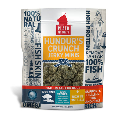 White pouch of Plato Hundur's Crunch Jerky Minis, showing green-brown fish skin treats, with blue and orange accents.