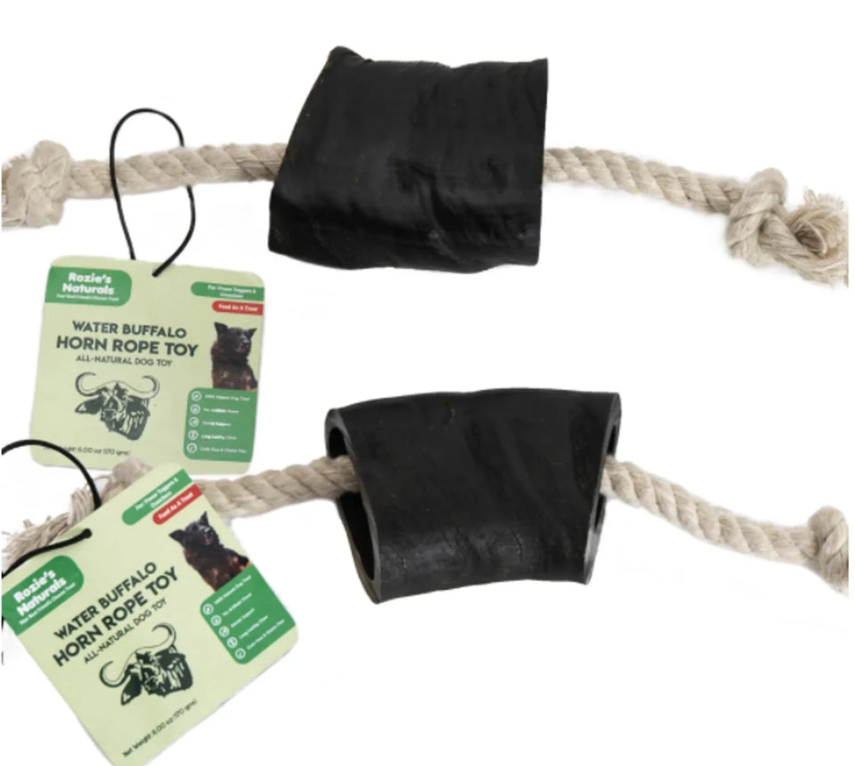 WATER BUFFALO HORN ROPE TUG Dog Toy-100% Cotton Rope 14", Long-Lasting, Natural Dog Treat & Chews