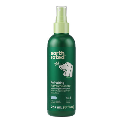 Dark green spray bottle of Earth Rated Refreshing hypoallergenic dog mist, 8 oz