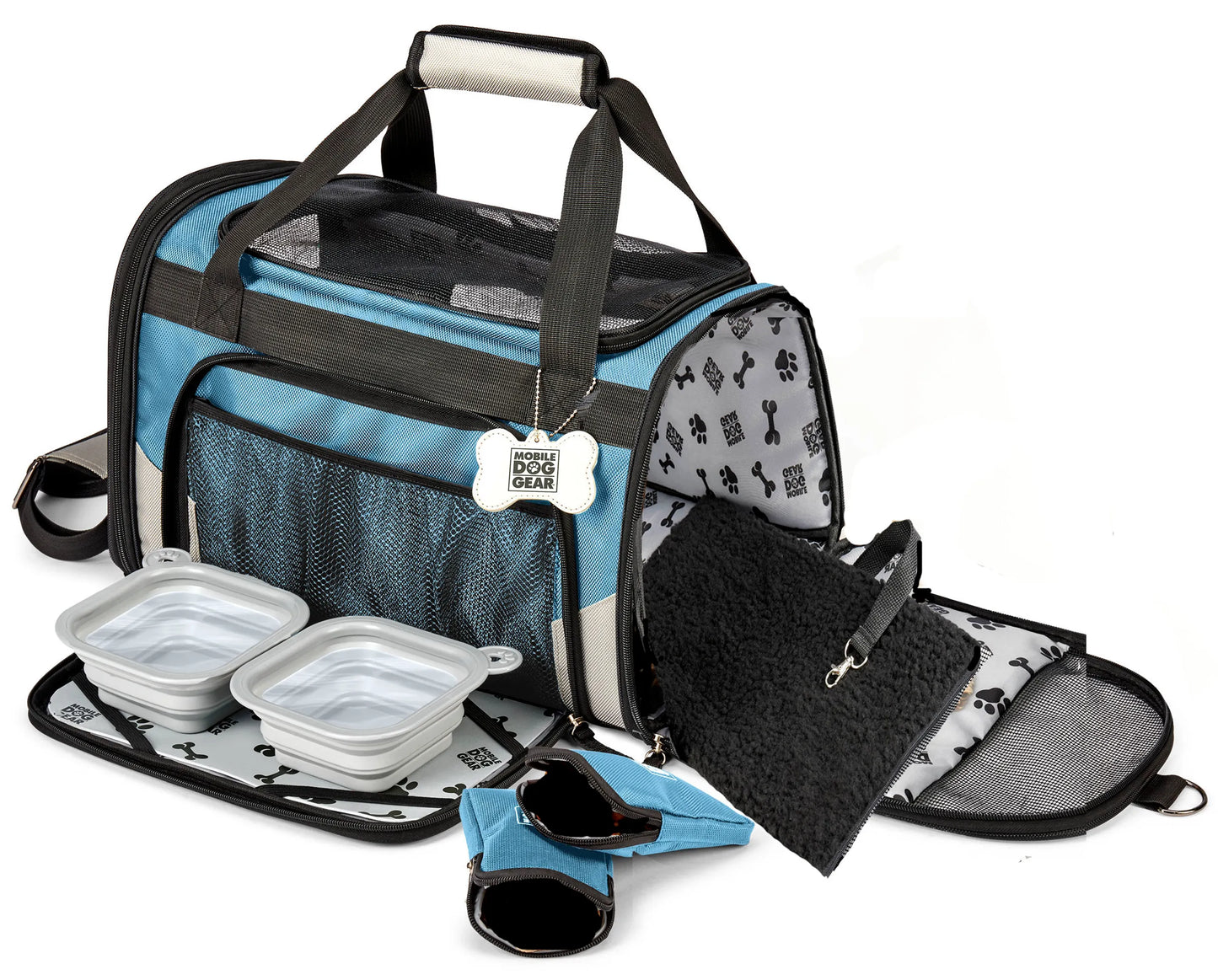 Mobile Dog Gear Pet Carrier Plus in blue and black with collapsible bowls, leash, and padded mat for pet travel
