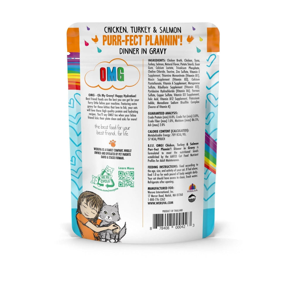 BFF Grain-Free Chicken, Turkey & Salmon Wet Cat Food in Gravy, 2.8 oz Pouch 12 ct
